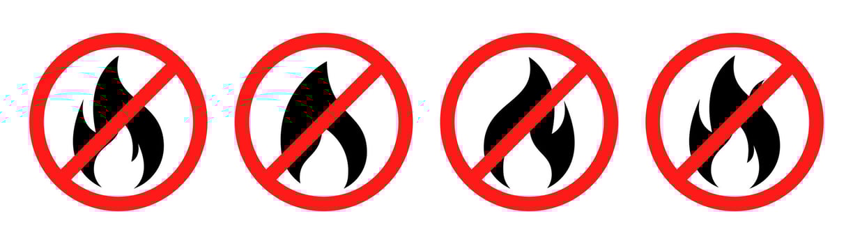 No fire restriction. No fire flame icon in red circle. Fire symbol in black. Red fireball sign. No campfire symbol. Flame vector. Stock vector illustration