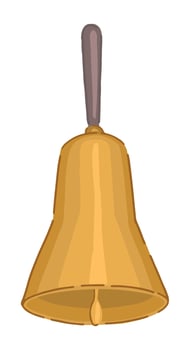Doodle of golden hanging bell. School attributes single clipart isolated on white. Cartoon style vector illustration.