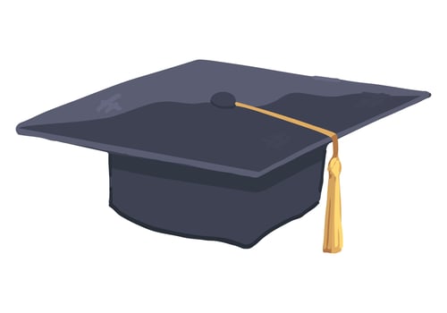 Graduate cap doodle. Clip art of traditional headdress for graduation ceremony. Cartoon style vector illustration isolated on white.