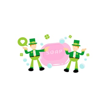 green leprechaun and soap sanitizer hygene cartoon flat design illustration vector