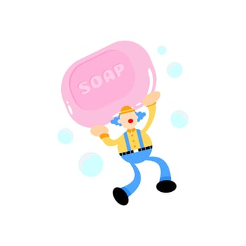 fun clown and soap sanitizer hygene cartoon flat design illustration vector