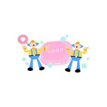 fun clown and soap sanitizer hygene cartoon flat design illustration vector