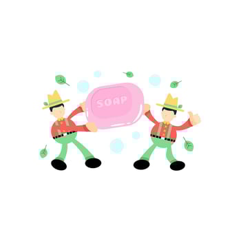 farmer and soap sanitizer hygene cartoon flat design illustration vector
