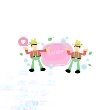 farmer and soap sanitizer hygene cartoon flat design illustration vector
