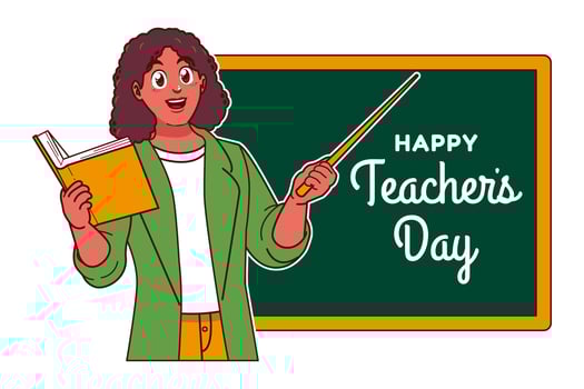 Happy Teachers Day with Black female teacher and chalkboard vector