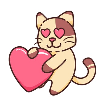 Cute Adorable Happy Love Pink Heart Romance Brown Cat cartoon doodle vector illustration flat design style