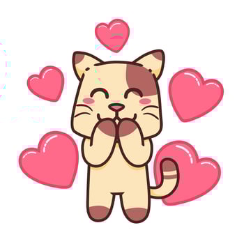 Cute Adorable Happy Love Pink Heart Romance Brown Cat cartoon doodle vector illustration flat design style