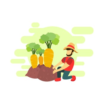 Farmer with carrots in the garden, illustration vector