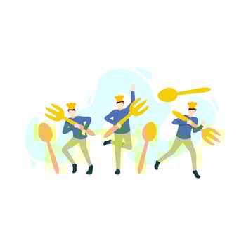 three chef hold giant fork spoon cook people character vector illustration flat design