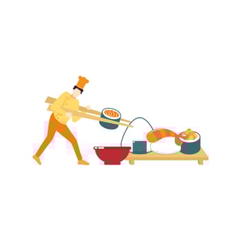 chef and japanese food sushi cook people character flat design vector illustration
