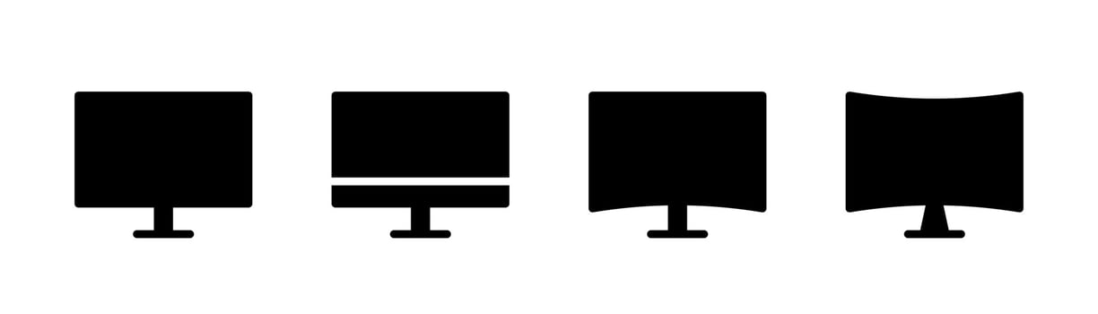 Monitor icon in glyph. PC screen icons set. Computer monitor sign. Black desktop monitor. PC display symbol. Computer in glyph. Stock vector illustration