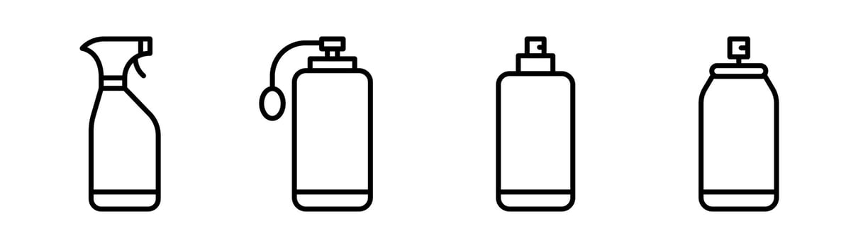 Spray can icons set. Spray bottle icon in line. Cleaning aerosol bottle. Spray can icons set in line. Cleaner bottle set. Stock vector illustration