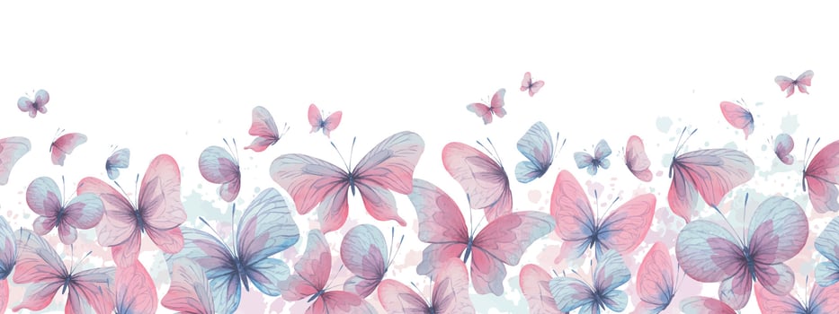 Butterflies are pink, blue, lilac, flying, delicate with wings and splashes of paint. Hand drawn watercolor illustration. Seamless border on a white background, for design. vector