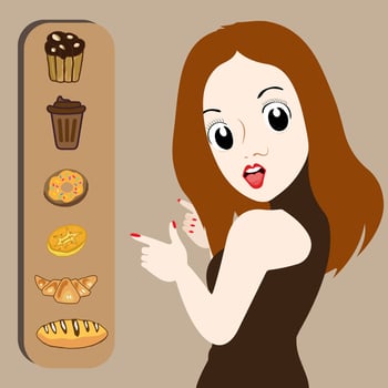 women pointing at a plate of breads. A girl looking at a sweet dessert. A vector cartoon illustration.