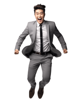 man in a suit jumping in the air with his arms outstretched . AI Generated png