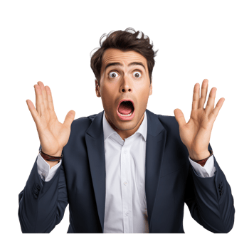 person wearing a suit, hands raised above their head, face facing forward, expression flustered . AI Generated png