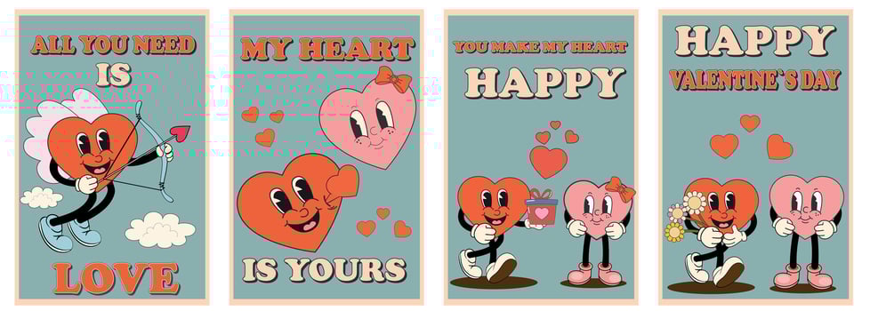 Set retro groovy poster with heart. Love concept. Happy Valentines Day. Trendy retro 60s 70s cartoon style. Card, postcard, print. vector