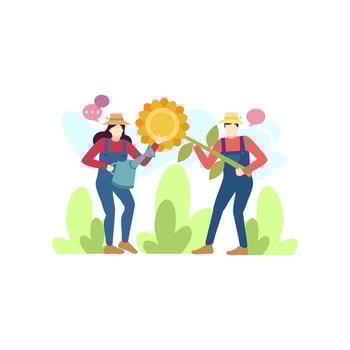 man and woman farmer are talking about sunflower plant care people character flat design vector illustration