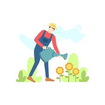 farmer man watering sunflower plants agriculture people character flat design vector illustration