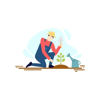 Farmer man Planting Young Seedling plant tree Nature people character flat design vector illustration
