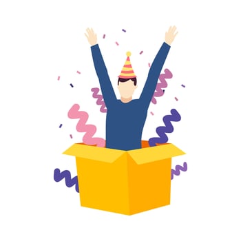 man surprise coming out of the box people character vector illustration flat design
