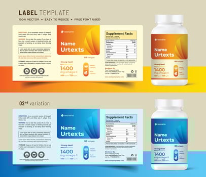Vitamin label sticker design and food supplement banner packaging health product. vector