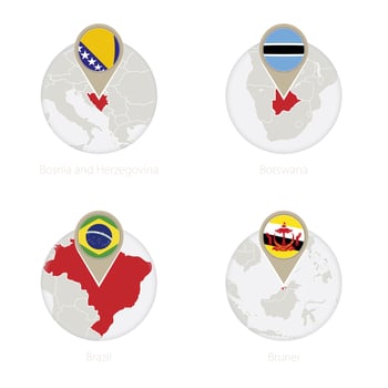 Bosnia and Herzegovina, Botswana, Brazil, Brunei map and flag in circle. vector