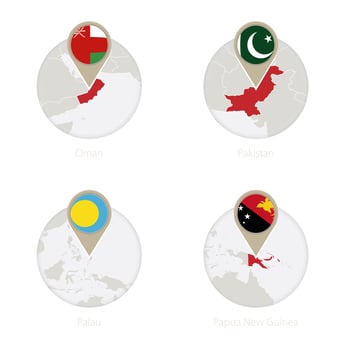 Oman, Pakistan, Palau, Papua New Guinea map and flag in circle. vector