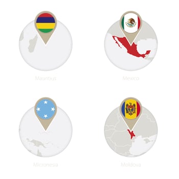 Mauritius, Mexico, Micronesia, Moldova map and flag in circle. vector
