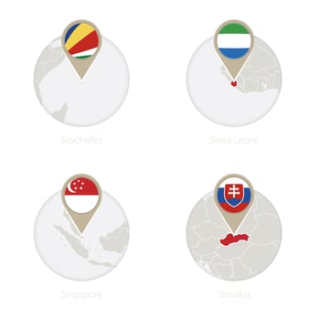 Seychelles, Sierra Leone, Singapore, Slovakia map and flag in circle. vector