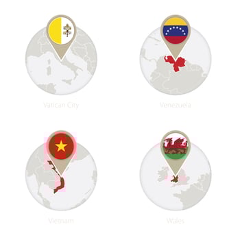 Vatican City, Venezuela, Vietnam, Wales map and flag in circle. vector
