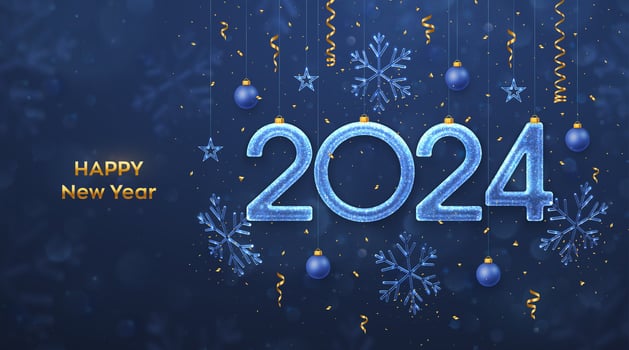 Happy New Year 2024. Hanging glitter ice numbers 2024 with shimmering snowflakes, shining stars, balls, confetti on blue background. New Year greeting card, banner, flyer, poster. Vector illustration.