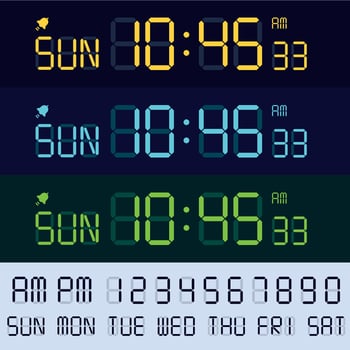 Alarm clock lcd display font. Electronic clocks numbers, digital screen hours and minutes. Retro display text vector set