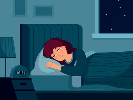 Woman with insomnia. Sleepy female character who cant sleep, depressed person worried nightmares and lying in bed with open eyes vector illustration
