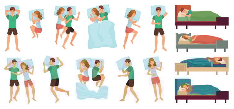 Sleeping people. Adult couple sleep together, asleep person. Man and woman sleep in different positions vector illustration set