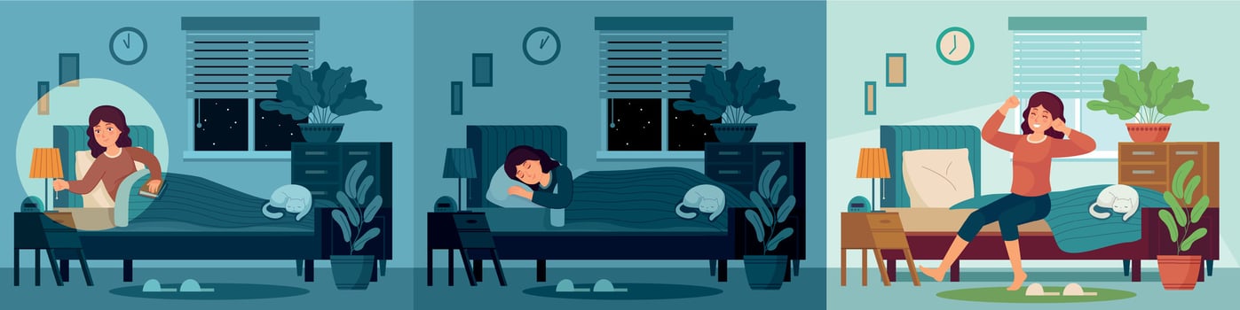 Woman sleep in home bed room. Happy female character sleeping in bed at night and wake up morning. Healthy sleep vector illustration
