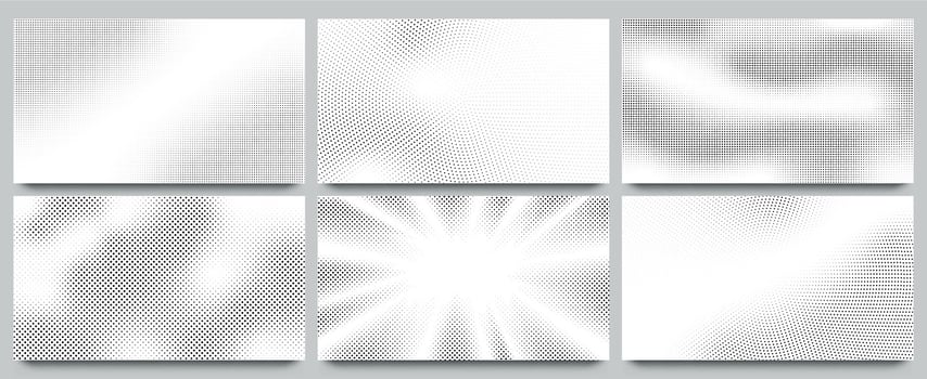 Abstract halftone background. Wavy dots pattern, twisted dotted pattern and pop art or comic style texture backdrop with halftones gradation gradient vector set