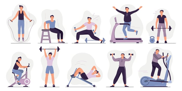 Man at sport gym. Vector illustration set