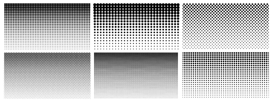 Halftone gradient. Dotted gradient, smooth dots spraying and halftones dot background seamless horizontal geometric pattern vector template set