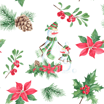 Christmas hand drawn seamless pattern with cute snowman family and winter plants. Forest pine branches with cone, holly with red berries, poinsettia and cowberry or lingonberry. png