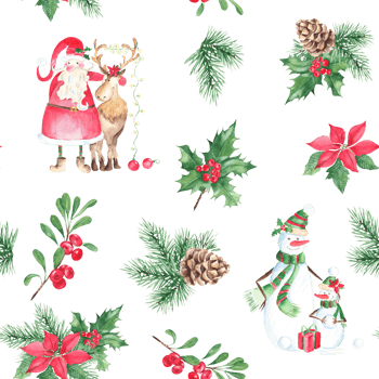 Christmas hand drawn seamless pattern with Santa Claus with and reindeer, cute snowman family and winter plants. Forest pine branches with cone, holly with red berries, poinsettia and cowberry. png