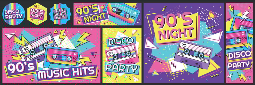 Funky 90s disco party poster. Nineties music hits banner, 90s dancing night invite and retro stereo tape vector illustration set