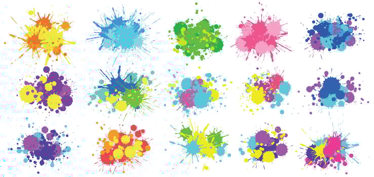 Color splatter. Colorful paint splash, bright painted drip drops and abstract colors splashes vector graphic set