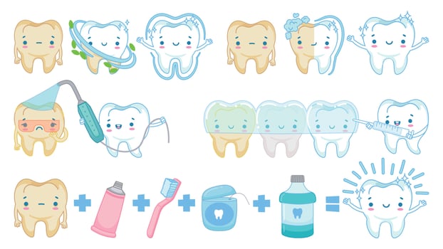 Cartoon teeth whitening. White clean tooth mascot, tooth brushing and sad yellow teeth vector illustration set