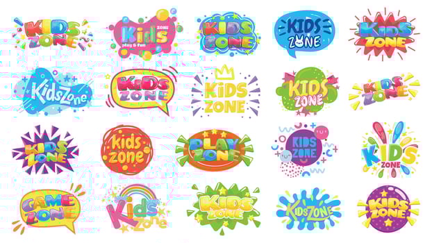 Kids zone badges. Kid play room label, colorful game area banner and funny badge vector set