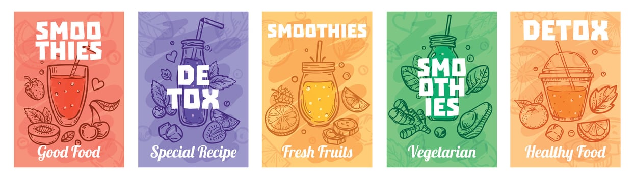 Detox smoothie poster. Good food smoothies, juices for healthy lifestyle and colorful fresh juices vector illustration set