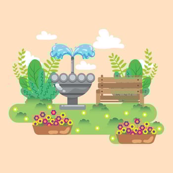 Cute park garden with fountain and flowers Vector illustration
