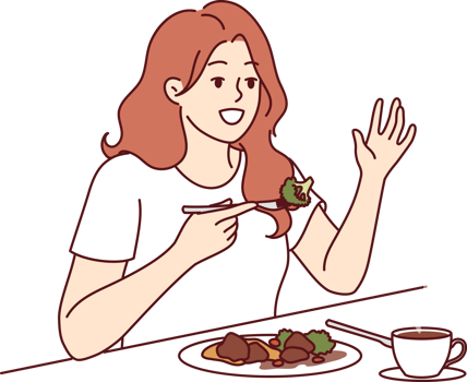 Woman is having lunch in cafe sitting at table and raising hand up to call waiter png