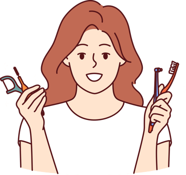Happy woman holds brushes and tools for cleaning teeth and gums, calling for good hygiene png