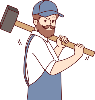 Bearded man with hammer works at construction site, dressed in overalls with cap png